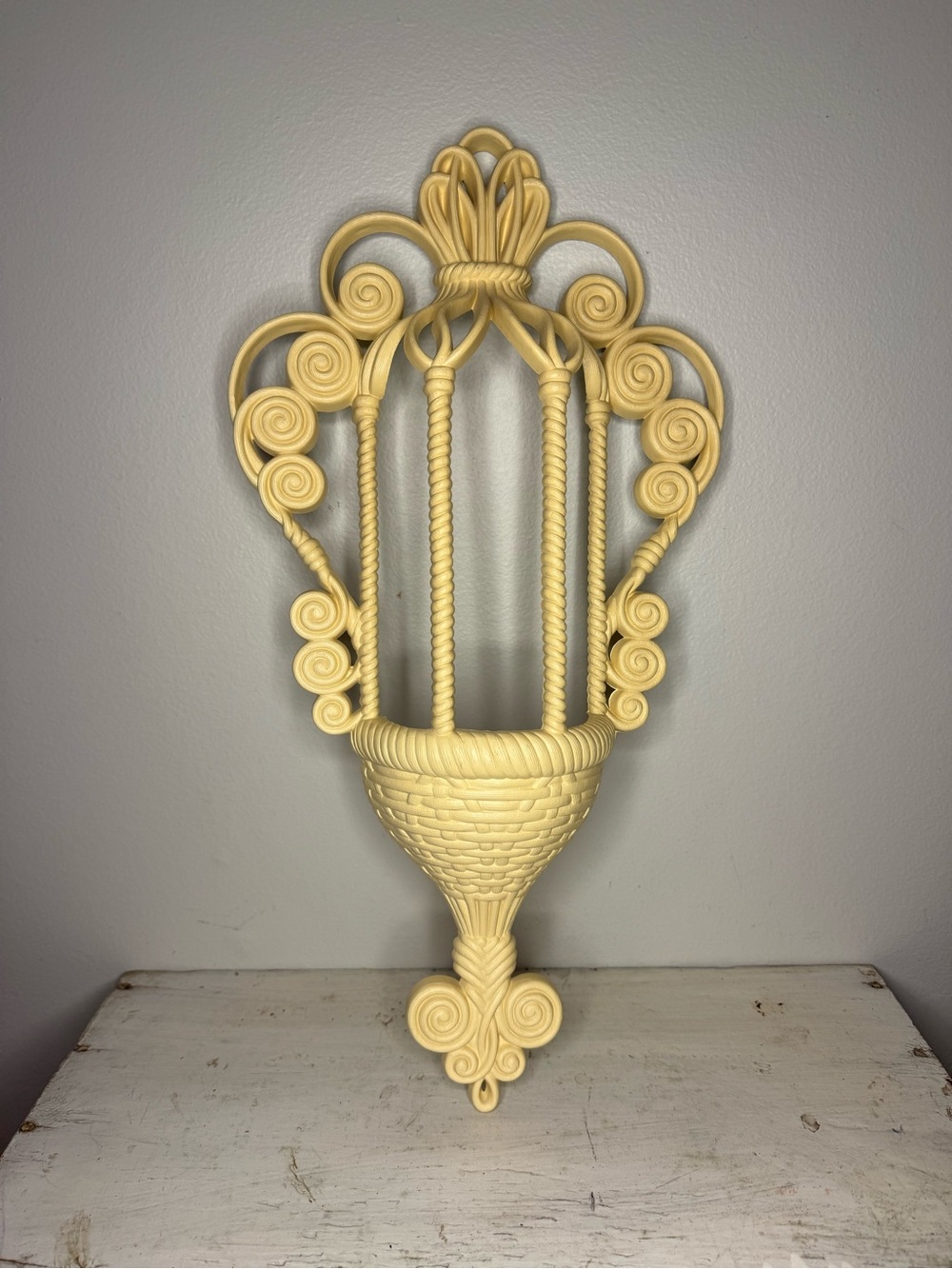 VTG 1972 Burwood #1628 Faux Wicker Rattan White Wall Pocket Sconce Planter